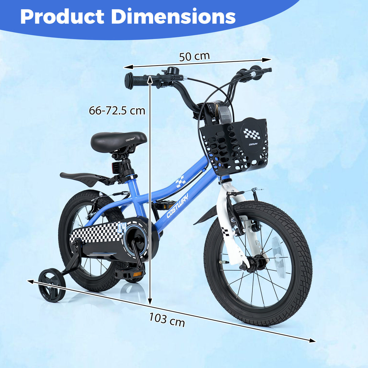 Blue kids bike with dimensions indicated for handlebar height, seat height and length