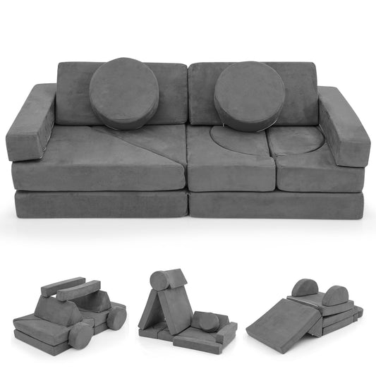 14 PCS Modular Kids Play Couch Child Sectional Sofa shown as a full sofa and three different builds