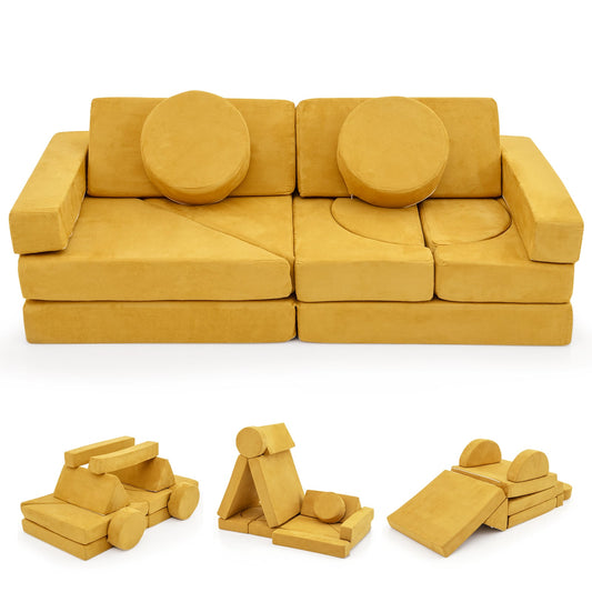 14 PCS Modular Kids Play Couch Child Sectional Sofa in yellow, arranged as a large sofa with round cushions