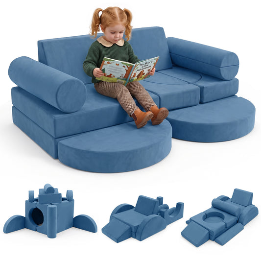 14-Piece Modular Kids Play Couch with Removable Cover in blue with a child reading on it