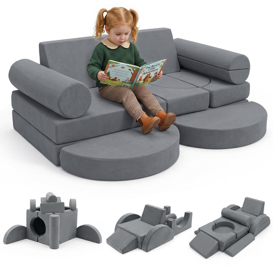14-Piece Modular Kids Play Couch with Removable Cover in grey, with a child reading on it