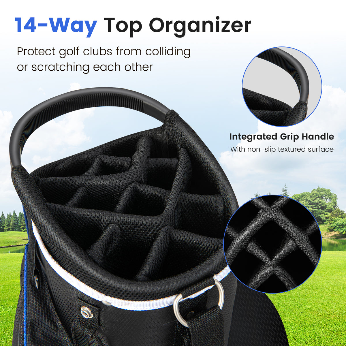 The golf bag top divider with a close up of the textured grip handle