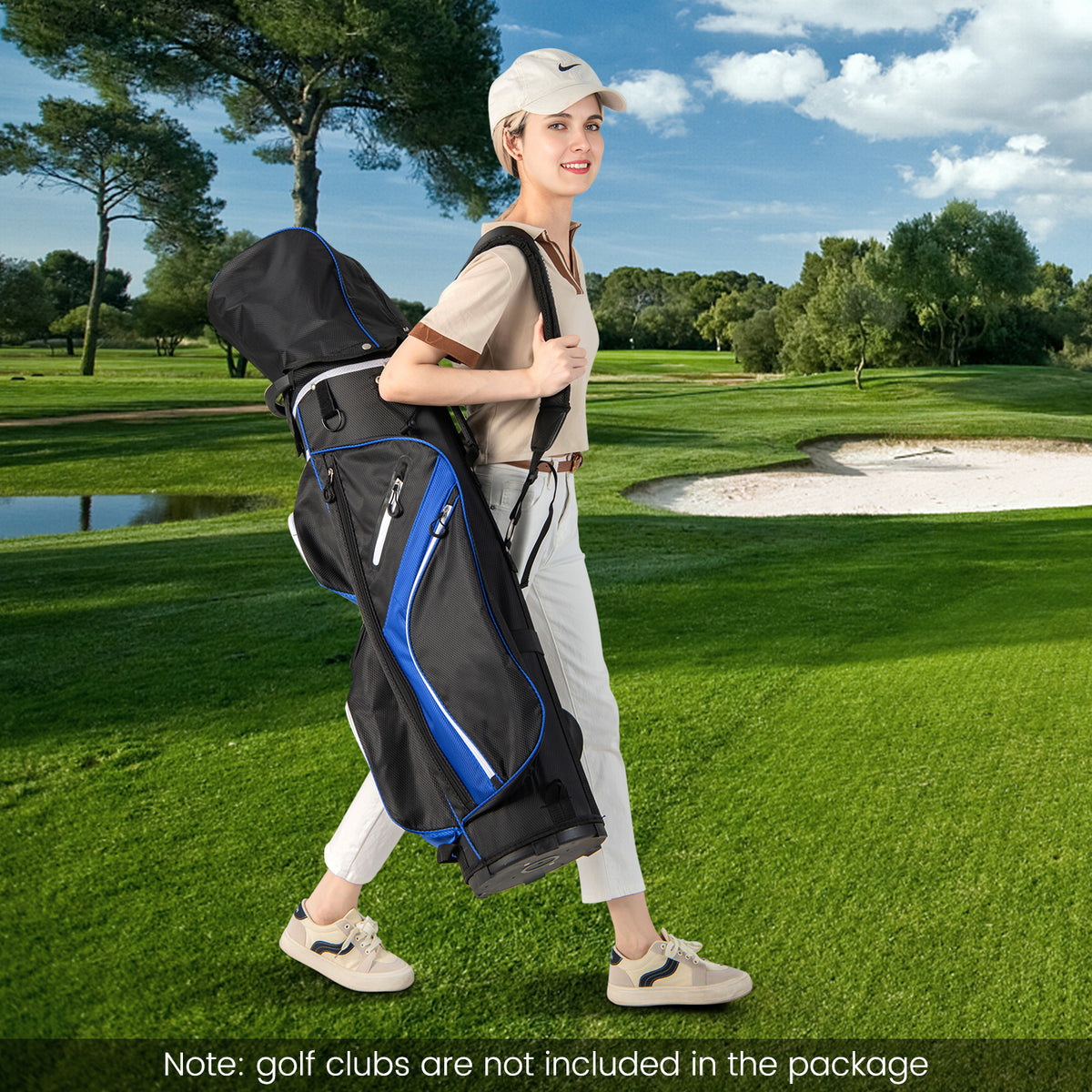 The golf bag carried over the shoulder by a woman on a green golf course