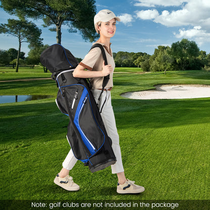 The golf bag carried over the shoulder by a woman on a green golf course