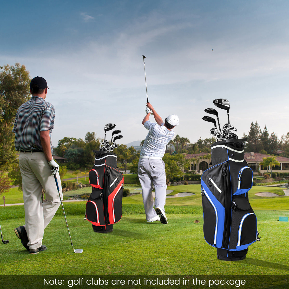 The golf bag standing on a fairway with golfers playing in the background