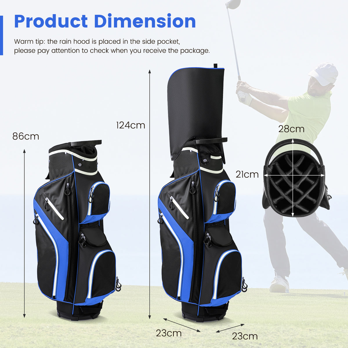 The golf bag showing height and width dimensions with a rain hood attached
