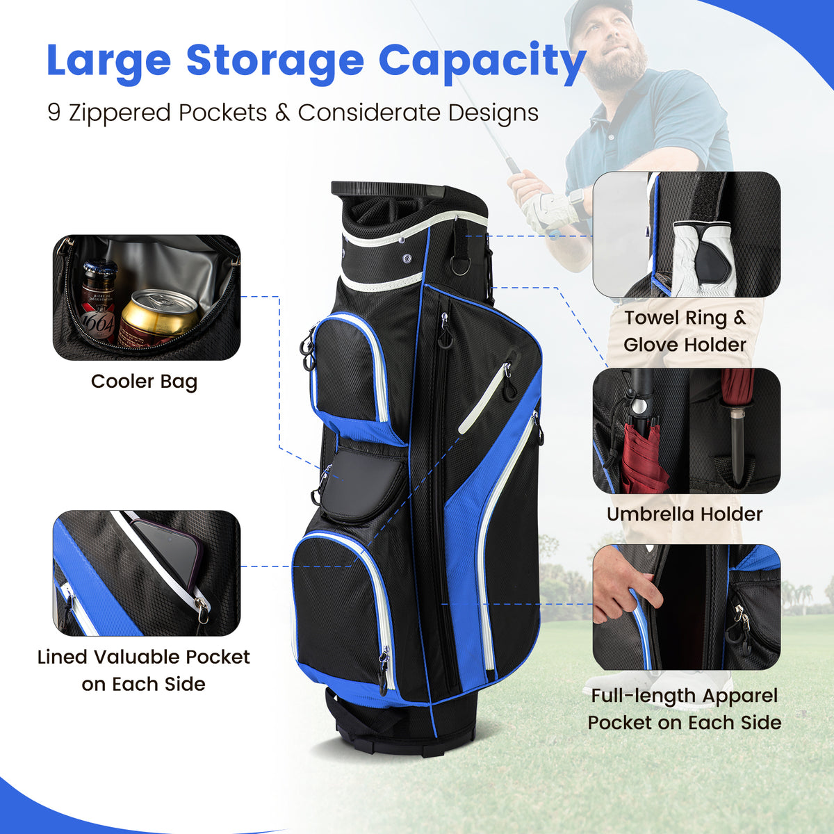 The golf bag with callouts showing the cooler bag and various storage pockets