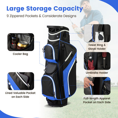 The golf bag with callouts showing the cooler bag and various storage pockets