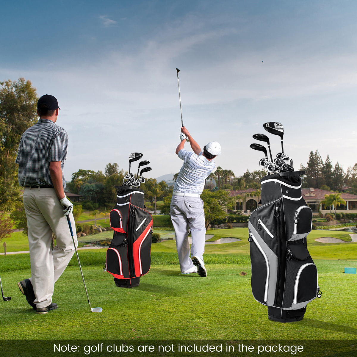 Two grey golf cart bags on a golf course with golfers in the background