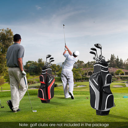 Two grey golf cart bags on a golf course with golfers in the background