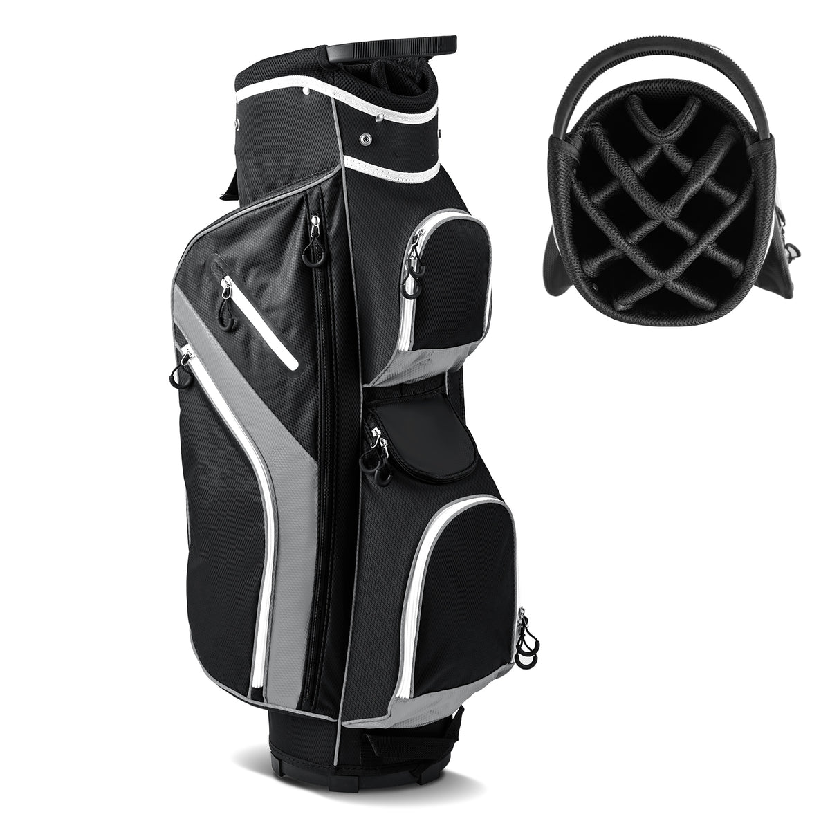 14-Way Golf Cart Bag with 9 zippered pockets and cooler bag in grey, shown from the front with a separate top view