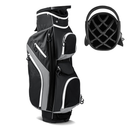 14-Way Golf Cart Bag with 9 zippered pockets and cooler bag in grey, shown from the front with a separate top view
