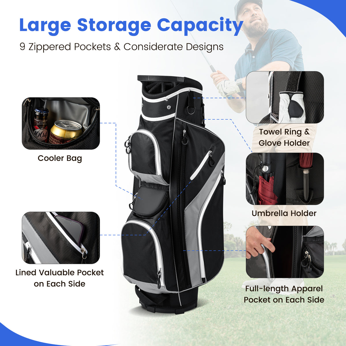 Collage showing the storage features of the grey golf cart bag, including pockets and holders