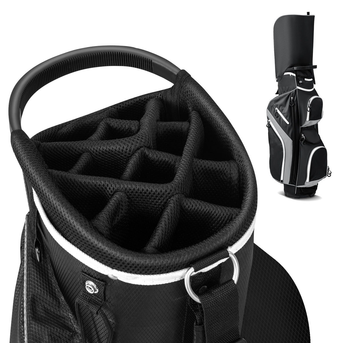 Close-up of the 14-way top opening of the golf cart bag