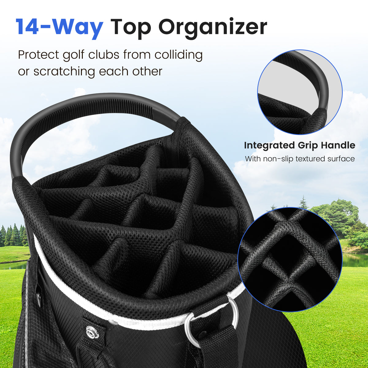 Close-up of the 14-way top organiser and integrated handle of the golf cart bag