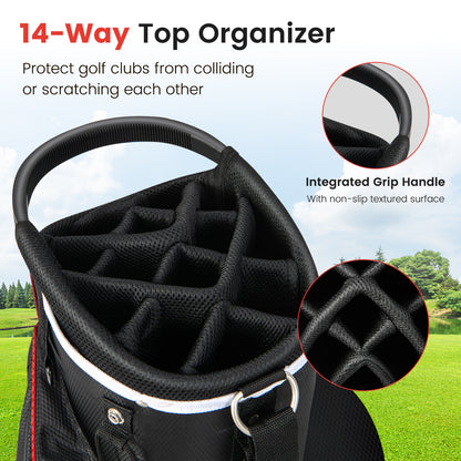 The golf bag highlighting the integrated grip handle and the club dividers