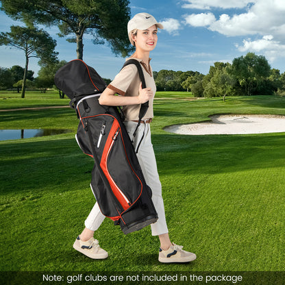 The golf bag carried over the shoulder by a woman walking on a green golf course