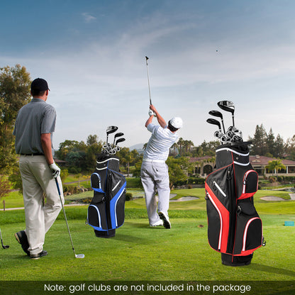 The golf bag standing on a course with golfers playing in the background