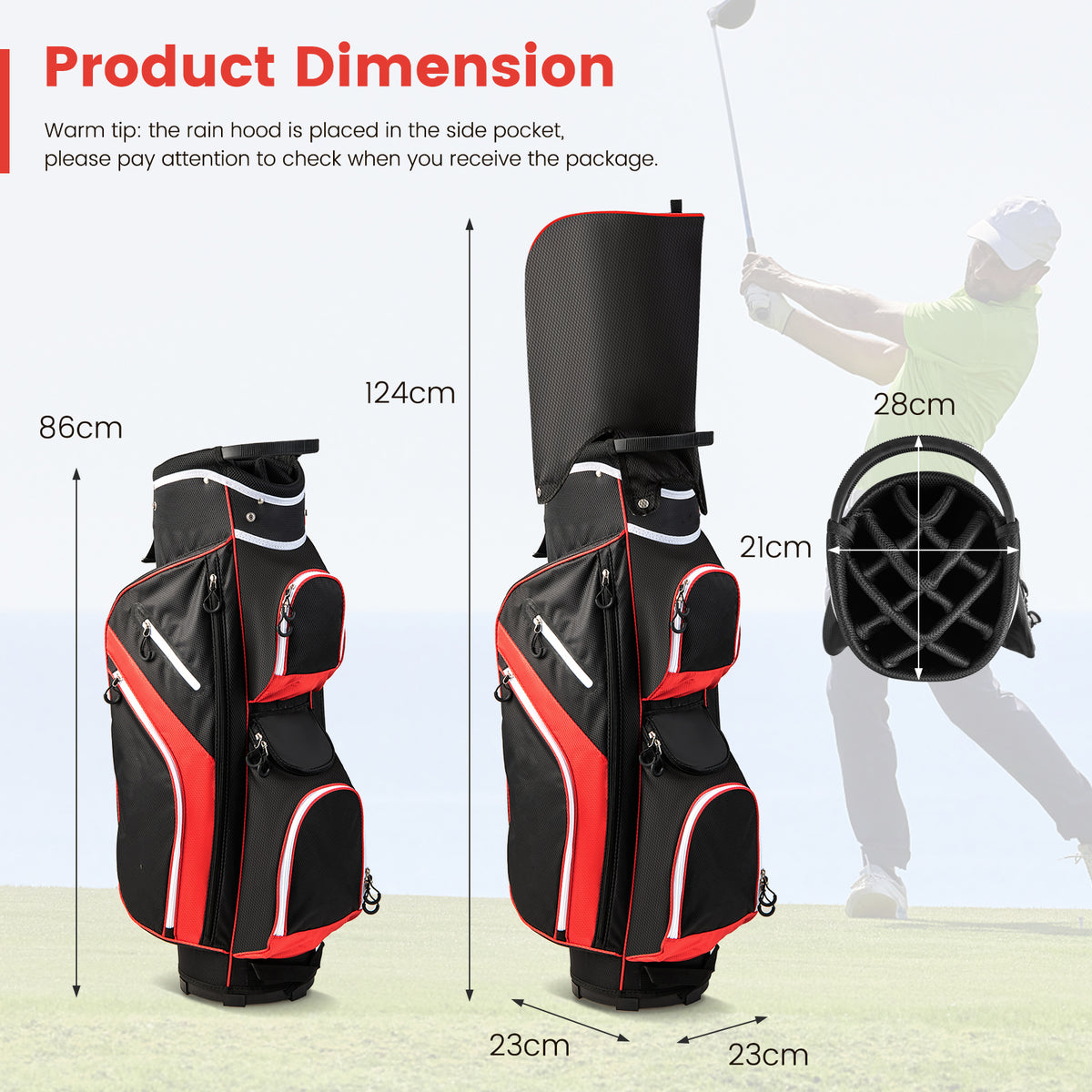The golf bag with dimension labels showing height and width measurements
