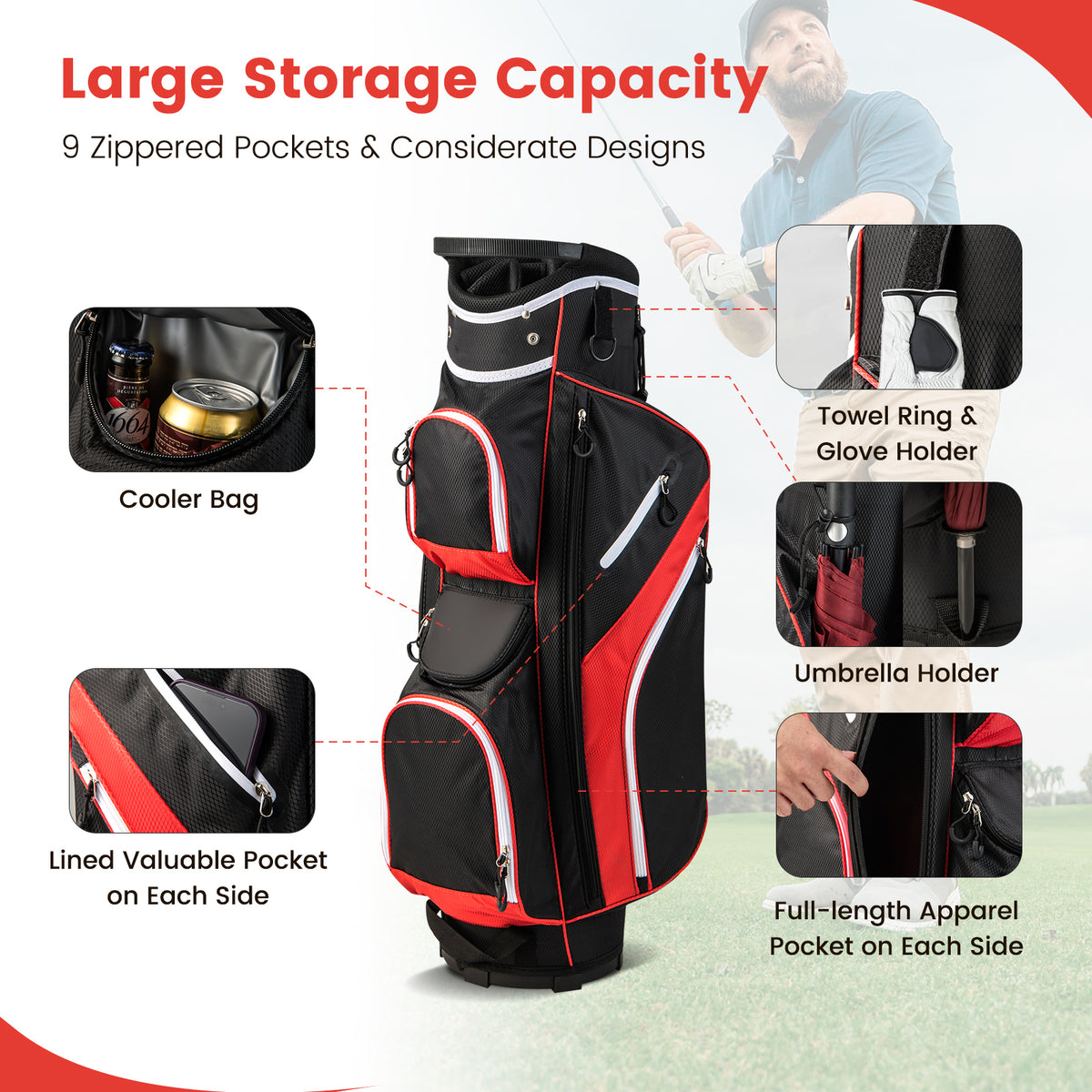 The golf bag with callouts showing the cooler bag and various storage pockets