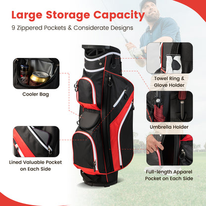 The golf bag with callouts showing the cooler bag and various storage pockets