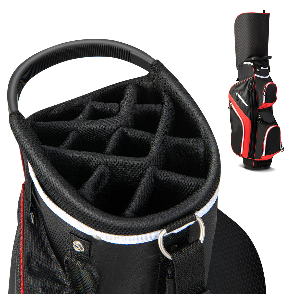 The golf bag showing a close-up of the club dividers and the top handle
