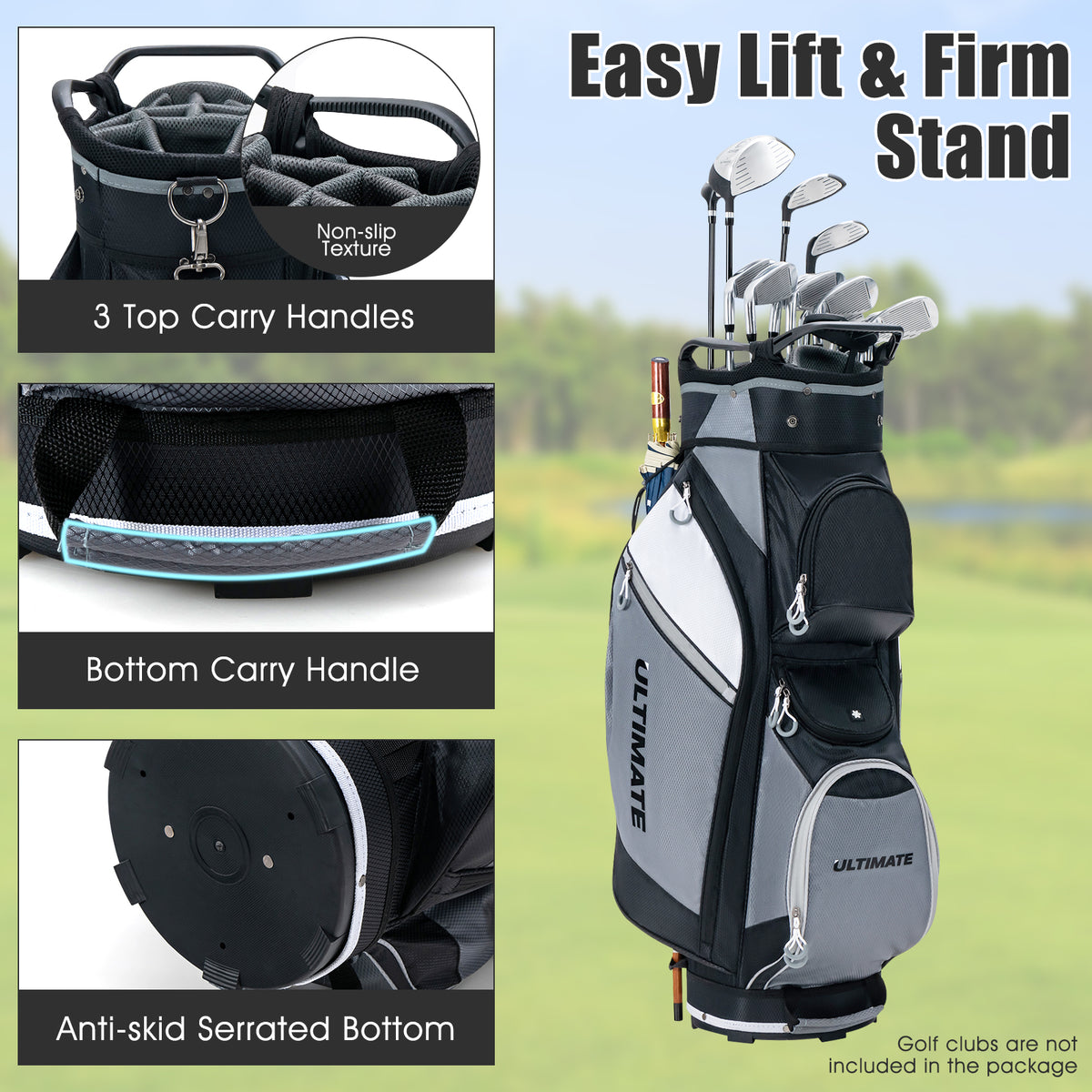 Close-ups of the golf cart bag features