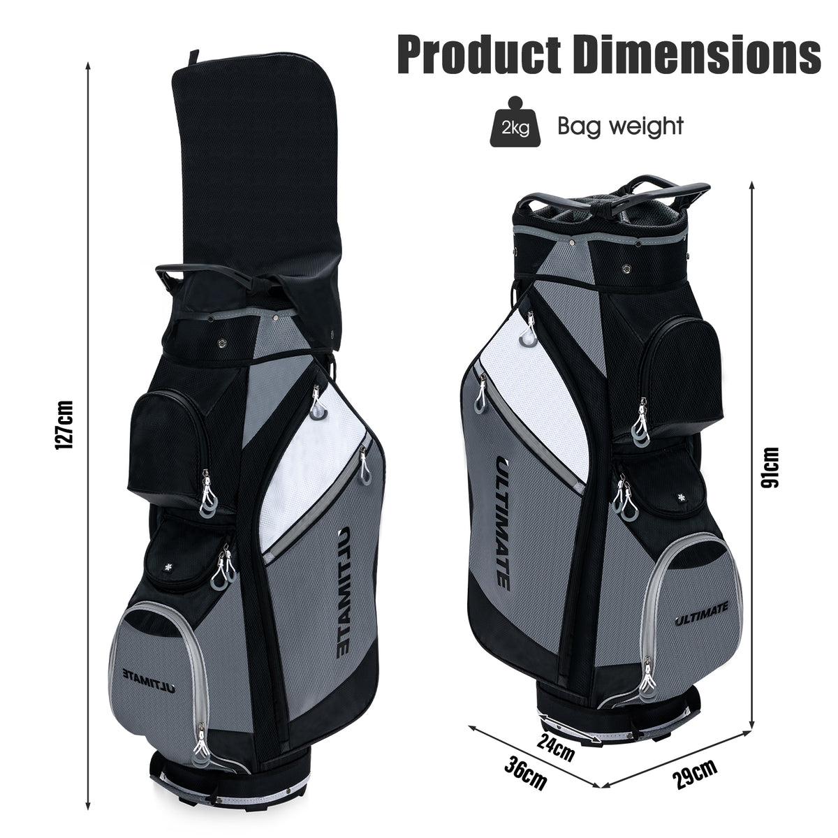 Dimensions of the golf cart bag with weight and measurements