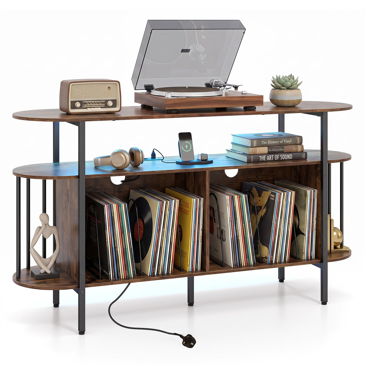 140 cm Record Player Stand with LED Lights & Power Outlets and 6 Dividers for Indoor-Rustic Brown