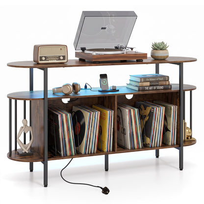 140 cm Record Player Stand with LED Lights & Power Outlets and 6 Dividers for Indoor-Rustic Brown