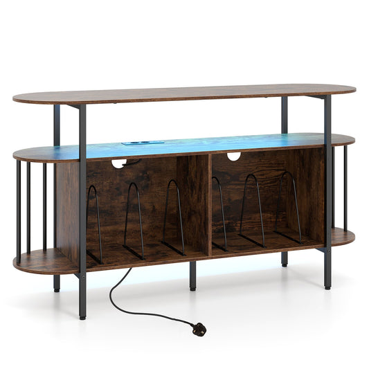 140 cm Record Player Stand with LED lights and power outlets in rustic brown