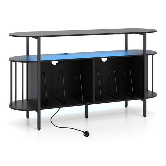 140 cm Record Player Stand with LED lights and power outlets in black