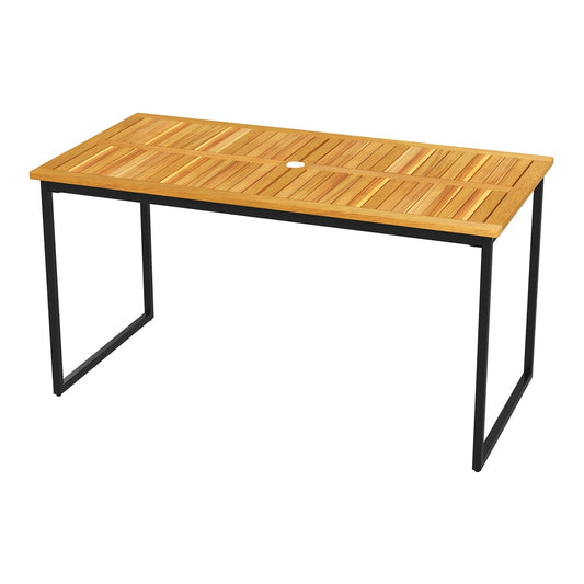 Acacia Wood Dining Table for 6 People with slatted tabletop and black metal legs