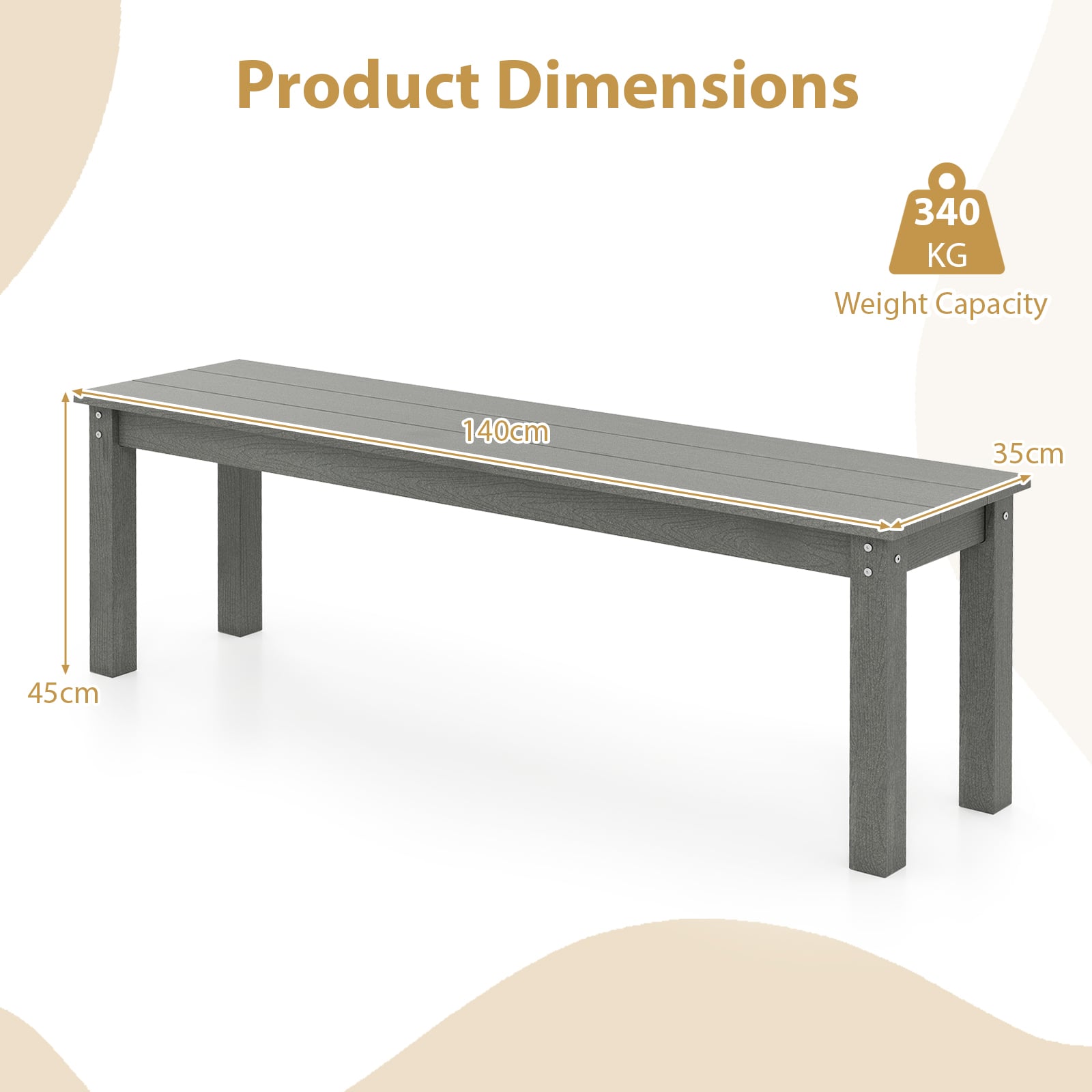 140CM HDPE Outdoor Bench Backless Patio Garden Bench for 2-3 People-Grey