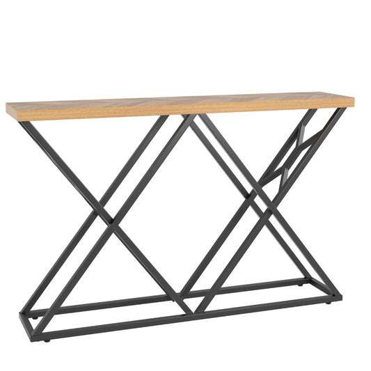 140CM Farmhouse Entryway Table with Geometric Metal Base-Wood, a console table with a wooden top and a geometric metal base