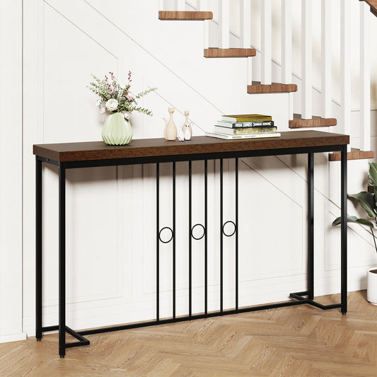 The narrow console table with a rustic brown top and black metal frame placed in a hallway