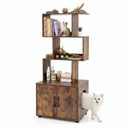 The cat enclosure with a cat walking out of the side hole while toys sit on the upper shelves