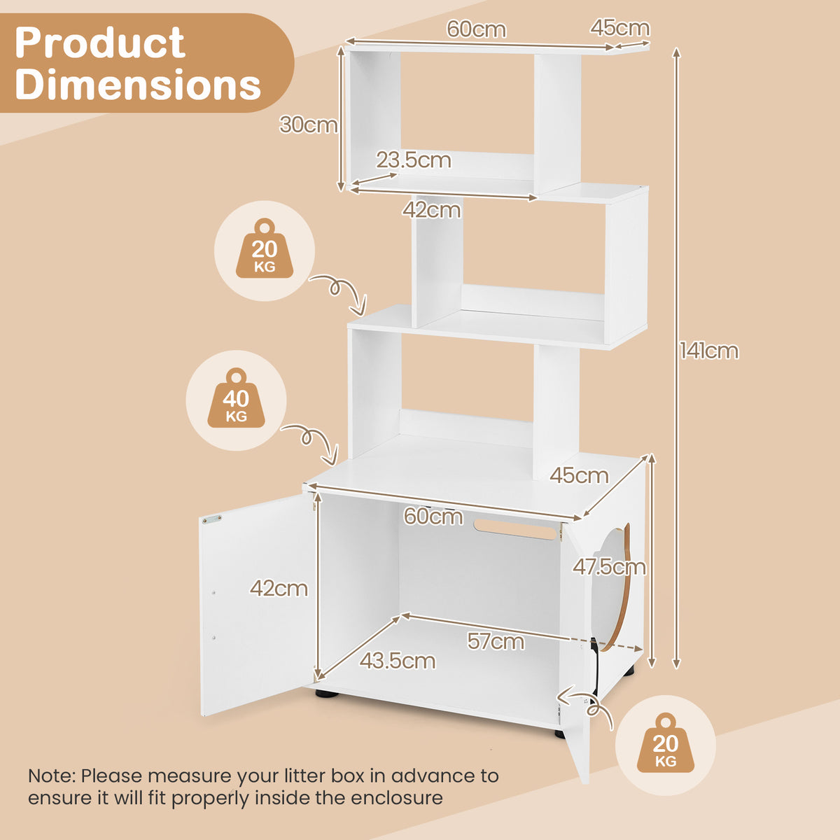 The cat furniture is shown with dimensions overlaid on the image, indicating the size of the shelves and compartments