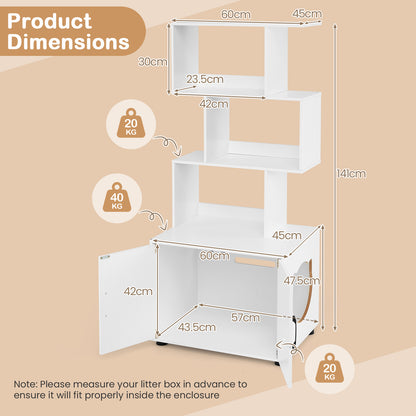 The cat furniture is shown with dimensions overlaid on the image, indicating the size of the shelves and compartments