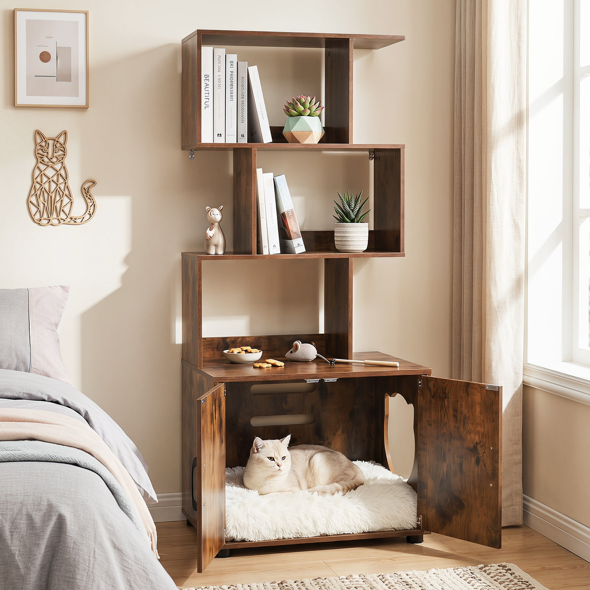 The cat cabinet with doors open to reveal a cat resting on a soft cushion inside the base
