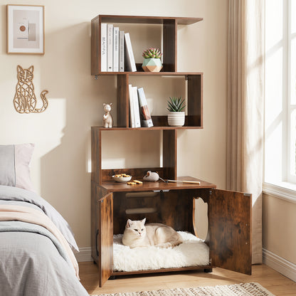 The cat cabinet with doors open to reveal a cat resting on a soft cushion inside the base
