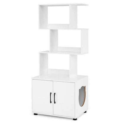 141 CM Tall Cat Litter Box Enclosure with 3 Open Shelves & Side Entry for Indoor-White, a tall white cabinet with a litter