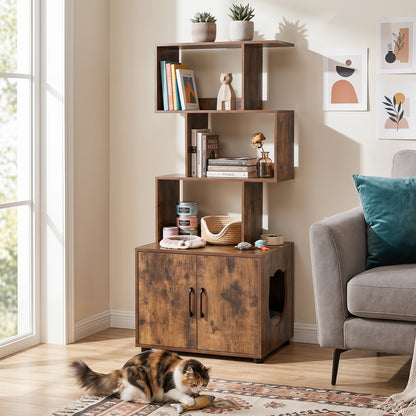 The cat furniture standing in a living room with books and decor on the shelves and a cat nearby