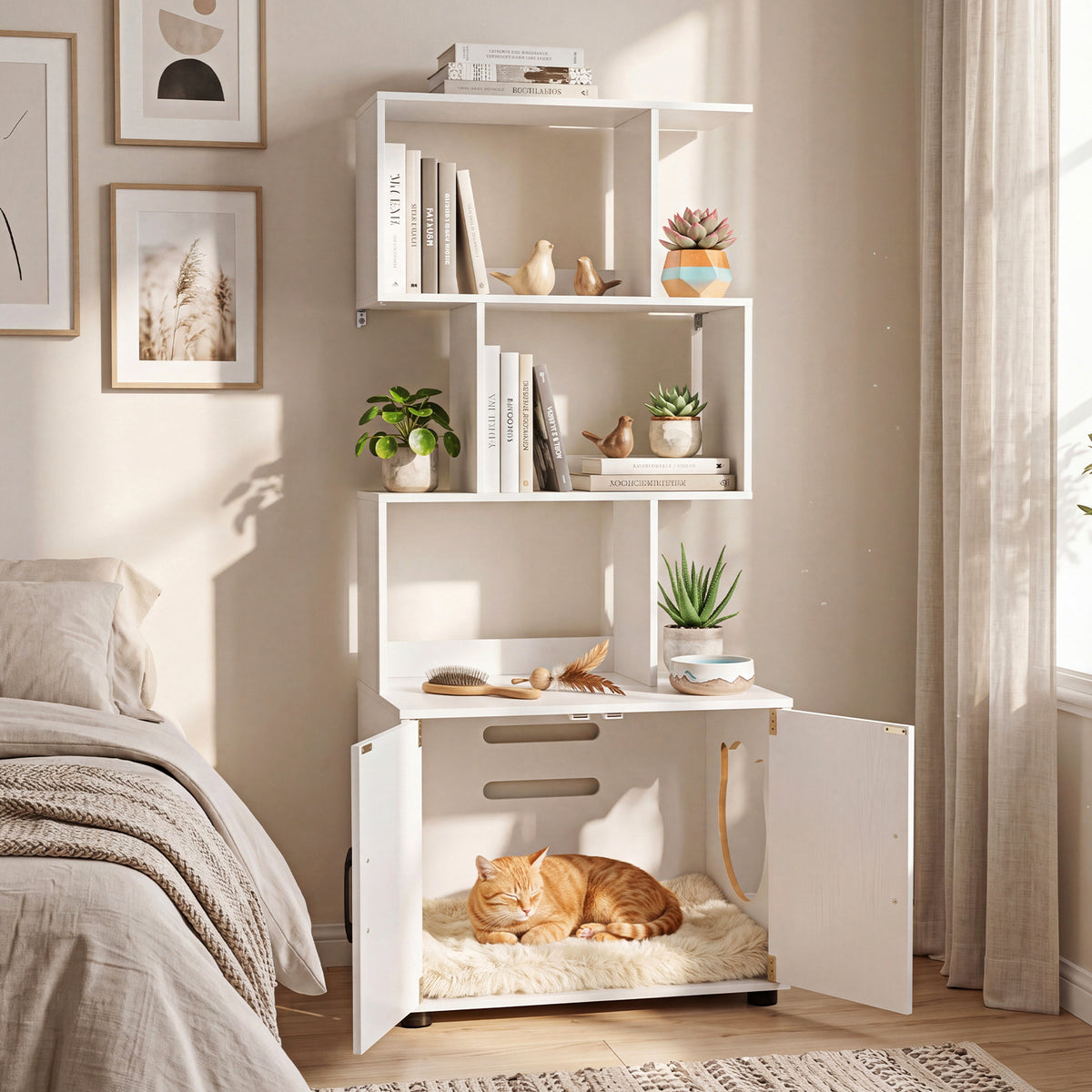 This cat furniture has a litter box compartment with a side entrance and open shelving above, shown with a cat resting inside