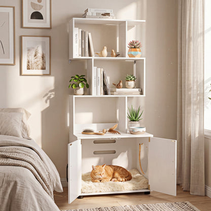 This cat furniture has a litter box compartment with a side entrance and open shelving above, shown with a cat resting inside
