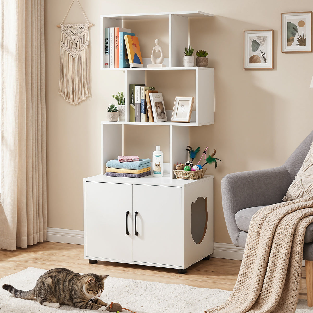 The cat furniture is shown in a bedroom setting with a cat playing on the floor and books and plants on the shelves