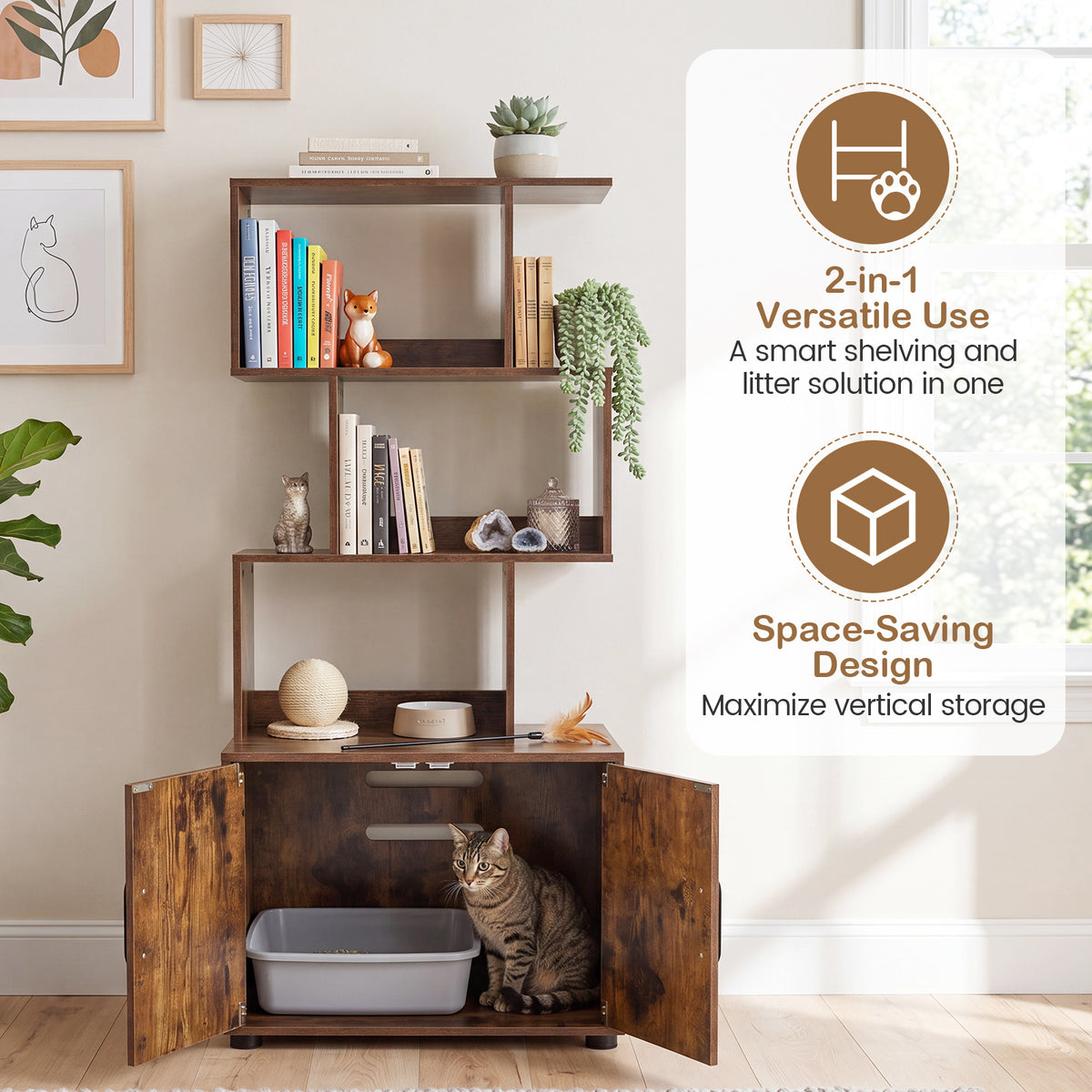 The cat cabinet with doors open showing a litter tray inside and text about versatile use