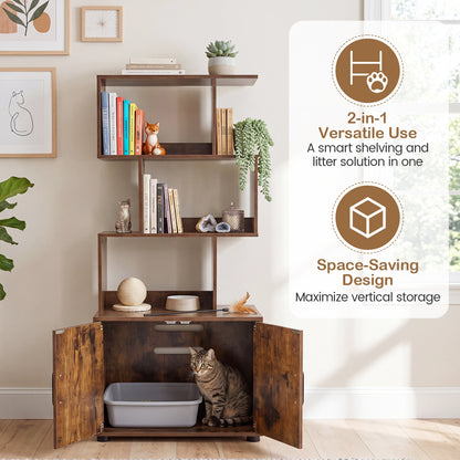 The cat cabinet with doors open showing a litter tray inside and text about versatile use