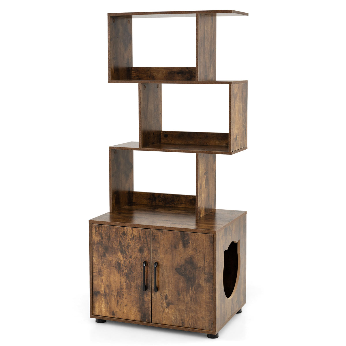 141 CM Tall Cat Litter Box Enclosure with open shelves and a cupboard with a cat shaped side entry