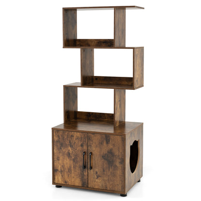 141 CM Tall Cat Litter Box Enclosure with open shelves and a cupboard with a cat shaped side entry